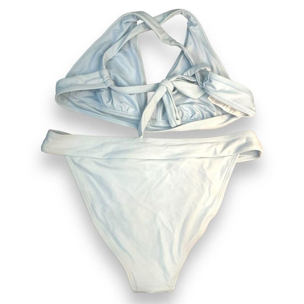 Cupshe Women's High-Cut Bikini Light Blue Halter Criss Cross Back Tie Size Large - Picture 7 of 8